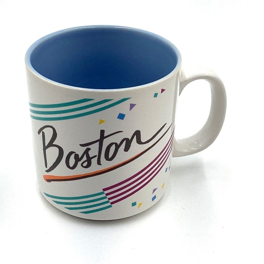 Vintage Papel Boston Coffee Mug‎ Retro 80s 90s Geometric Blue Interior Ceramic